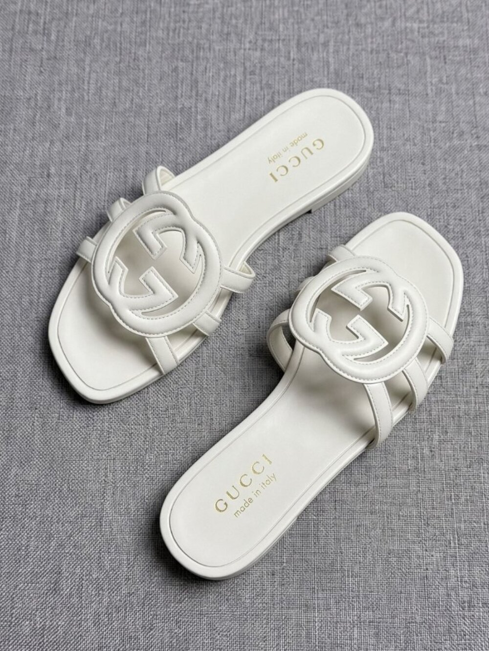 Gucci White Leather Slides – with Original Box